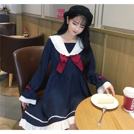 韓国ファッション 長袖 ワンピース レディース ロリータ ゆめかわいい セーラー服風