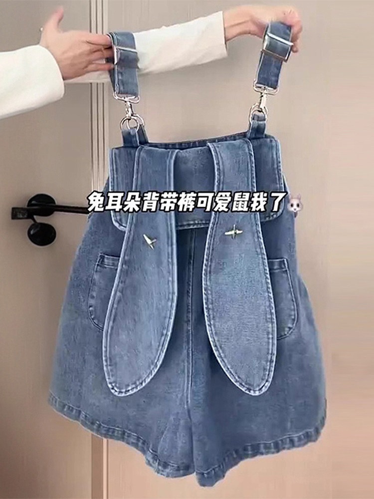 特大サイズのレディースファッション可愛いうさぎ耳付きの甘いスタイルのデニムサスペンダーショートパンツぽっちゃりさん向けデザインレトロなブルーショートパンツ