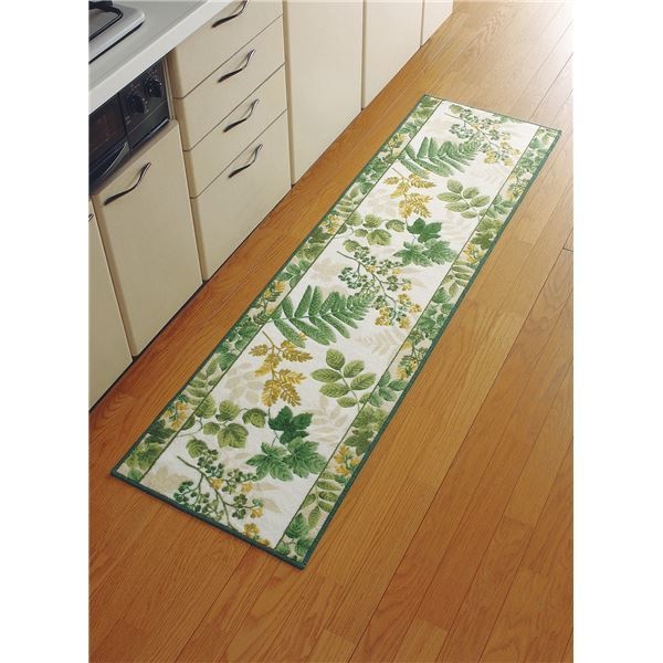 洗えるキッチンマット ロング 50cm240cm 南洋柄 日本製 グリーン（緑） 速乾 抗菌 防臭 吸水 滑り止め加工