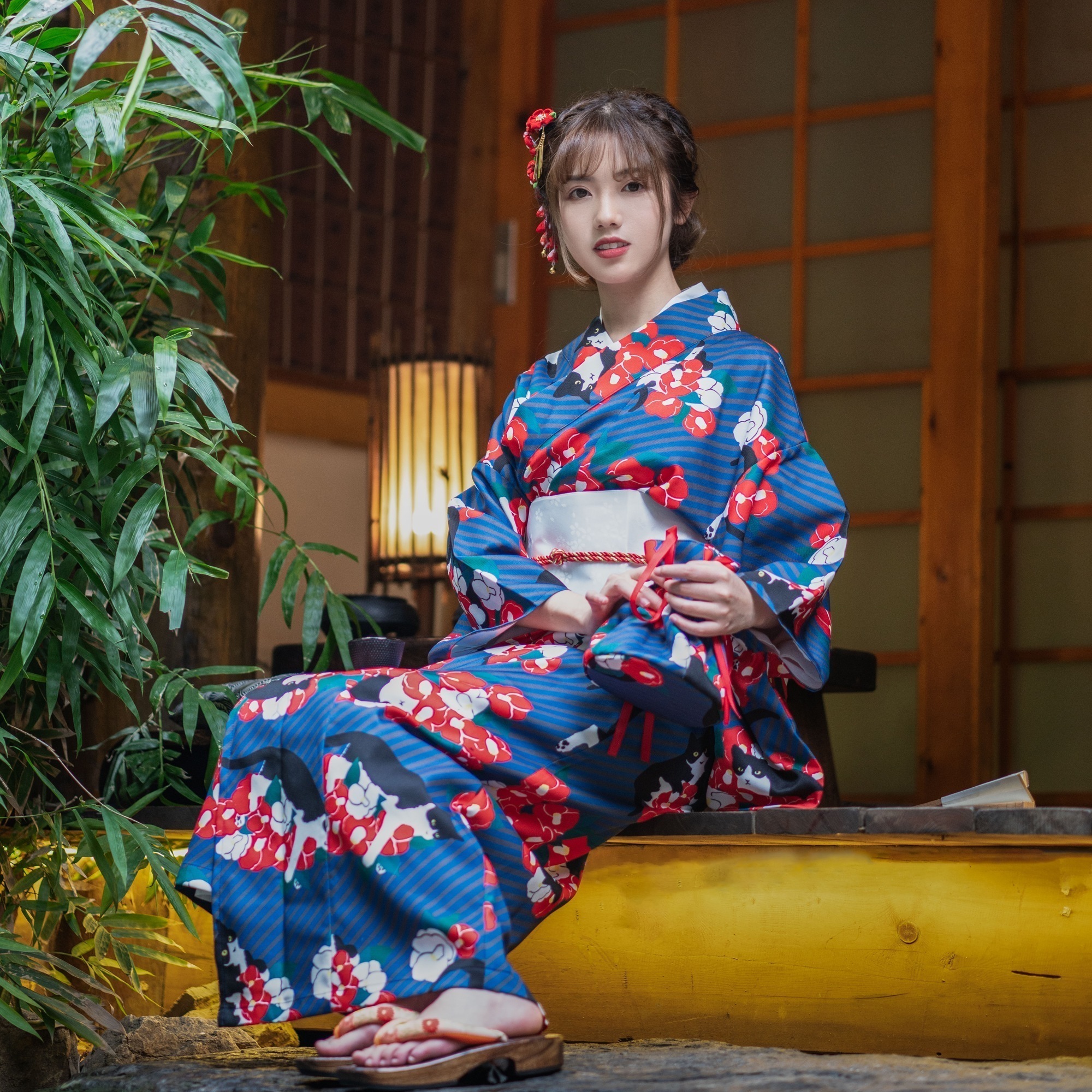 日本の女の子着物 浴衣 かわいい乳猫柄 日本の伝統的なレディース フォーマル パフォーマンス コスプレ 母の日-0000988