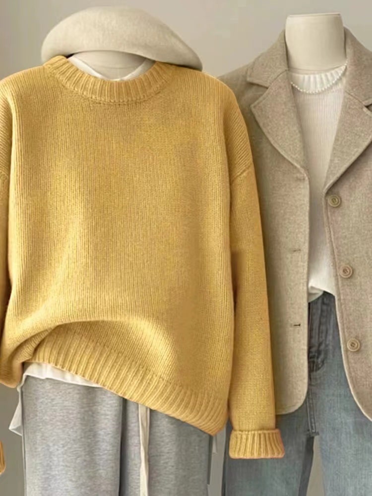 ダークグリーンのラウンドネックプルオーバーゆったりとした日本のレトロスタイルの秋と冬の怠惰なスタイルのセーターの女性の厚手のニットウェア