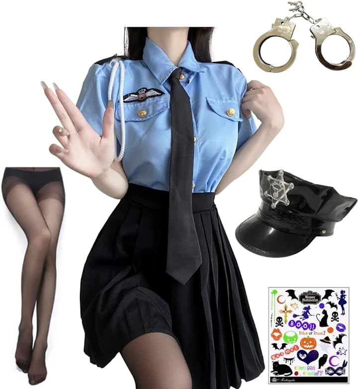 ポリス コスプレ 婦警 コスチューム フルセット 手錠 警察帽子 タイツ ハロウィンタトゥーシール レディース 5点セット S775(ネイビー, M)