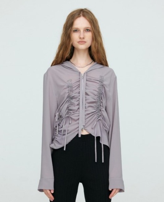 【NACHE】 SHIRRING CHIFFON HOODIE ZIP-UP : GRAY