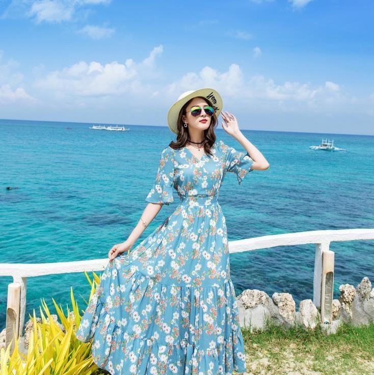 1273. 花柄Vネックシフォンドレス（スカイブルー）