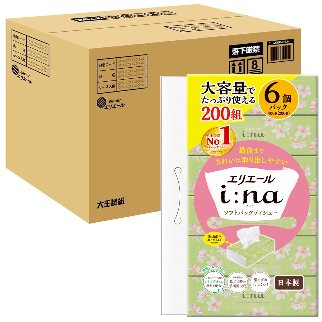 エリエール ソフトパック ティシュー ｉ:ｎａ（イーナ） 200組×60パック（6パック×10個）【ケース販売】