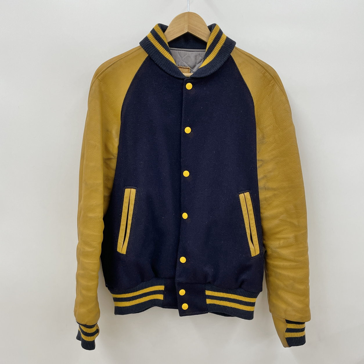 スタジャン Golden Bear M ネイビー×イエロー 80s USA カルフォルニア 革タグ