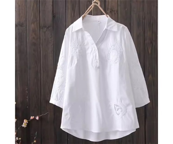 レディース トップス シャツ プルオーバー ミドル丈 7分袖 Vネック 襟付き ポロカラー ストレート フェミニン 刺繍 綿 コットン かわいい 大人可愛い きれいめ シンプル カジュアル 上品