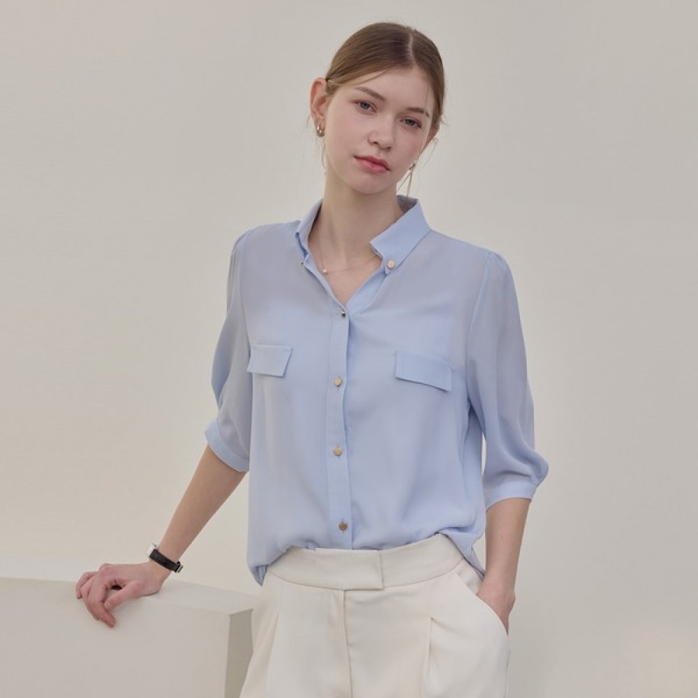 [リアーナニューヨーク] スタンディングボタンダウンブラウス_ライトブルー