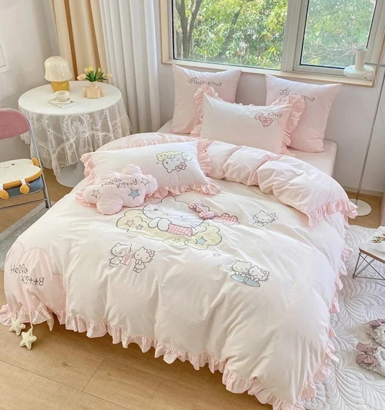 【急速出荷!】0 カウント ハローキティ コットン ウォッシュド コットン 刺繍入りキルト カバー 4 ピース コットン ベッド シーツ モデル ガール プリンセス 2m