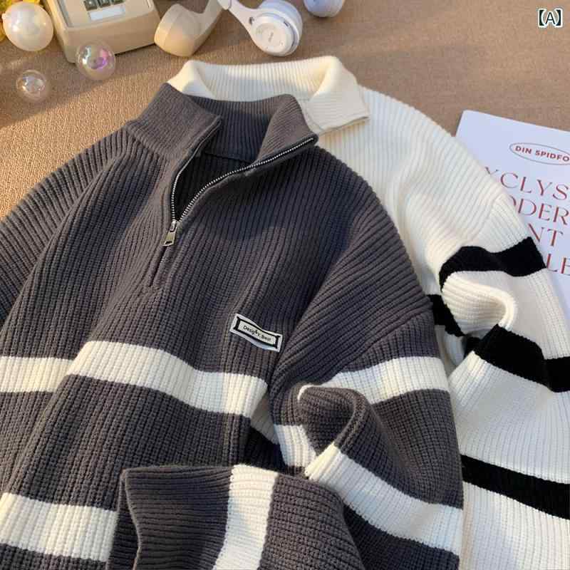 セーター メンズ ニット トップス 秋冬 ハーフジップ レトロ ボーダー タートルネック ファッション カジュアル 厚手 暖かい グレー ホワイト ネイビー 5,829円