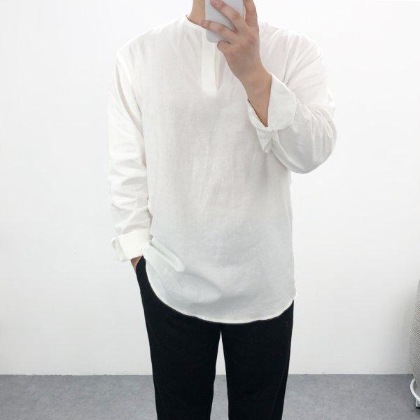 メンズノーカラーハーフオープンヘンリーネックリネンコットンラウンドネックシャツ3色