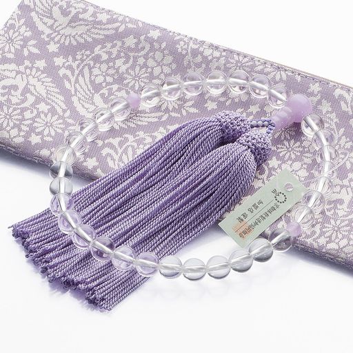 仏壇屋 滝田商店 京念珠 数珠 女性用 本水晶 紫雲石仕立 8MM玉 正絹頭付房 数珠袋付き すべての宗派で使える 証明書付