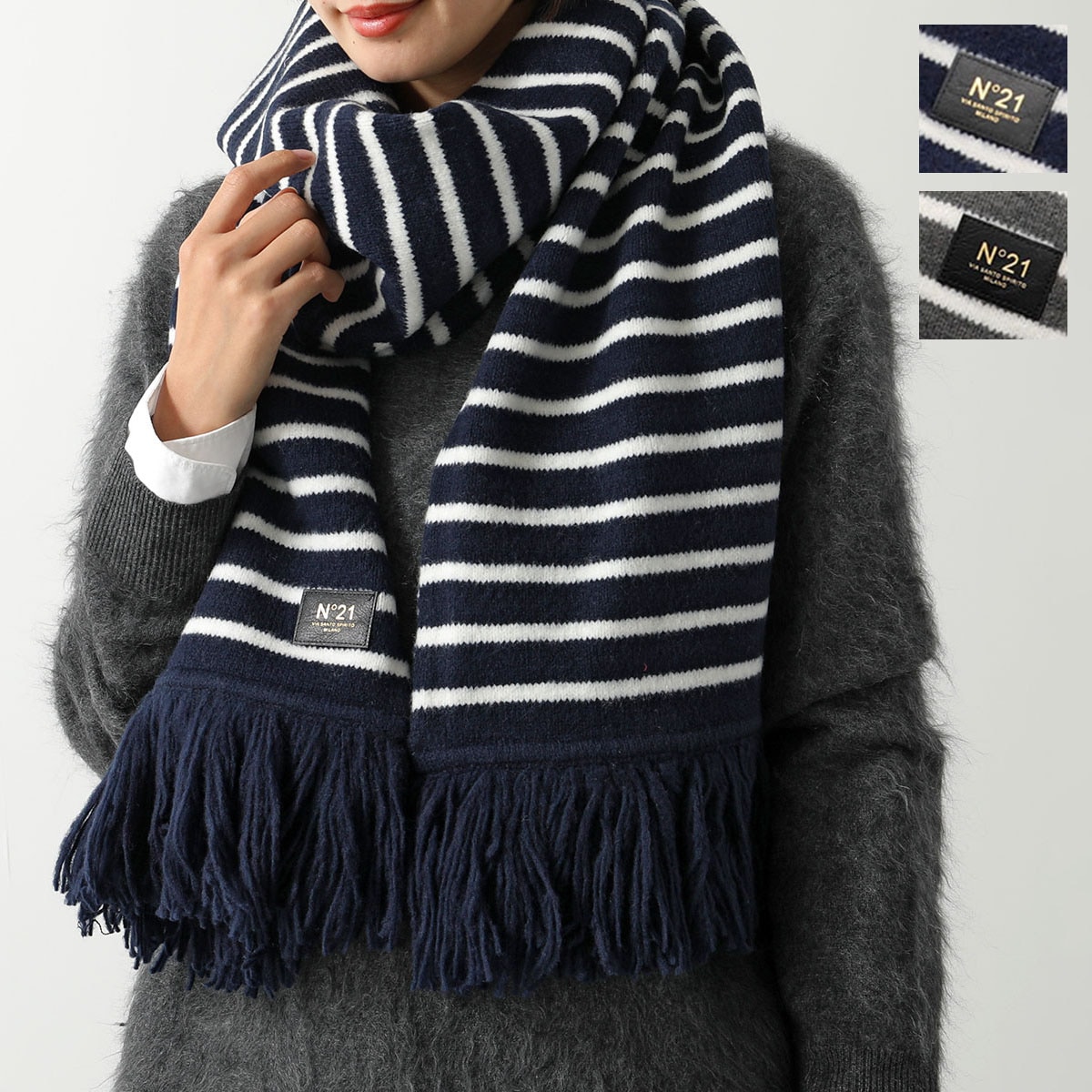 N21 ヌメロヴェントゥーノ マフラー 3000 9008 レディース ボーダー ロゴパッチ フリンジ ウールブレンド カラー2色