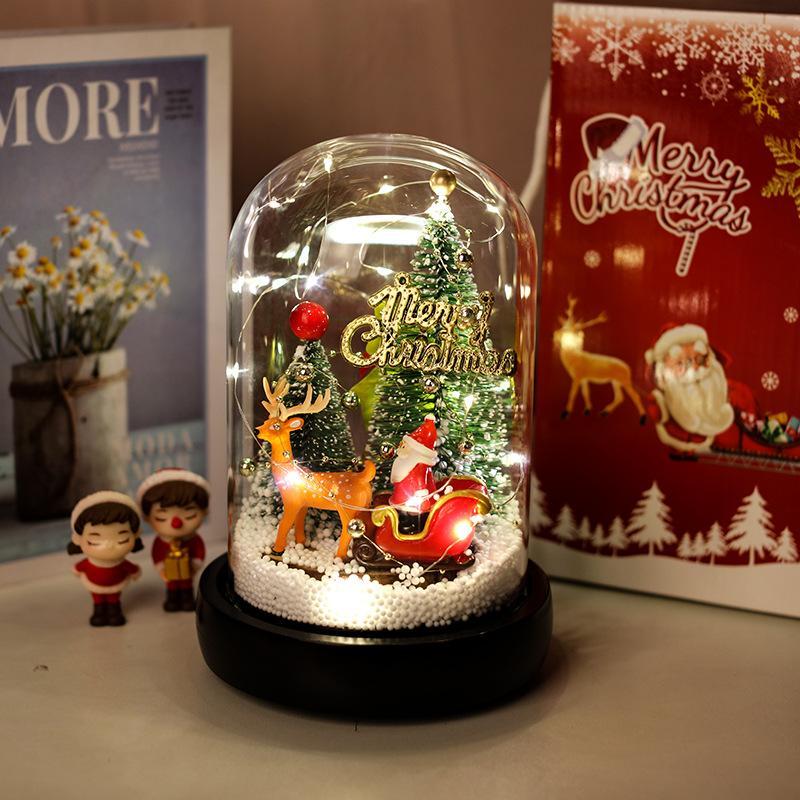 クリスマス プレゼント 造花 のガラスカバークリスマスツリーの頂上にヘラジカの飾りテーブルの小さな置物ライト付き永遠の花アマゾン