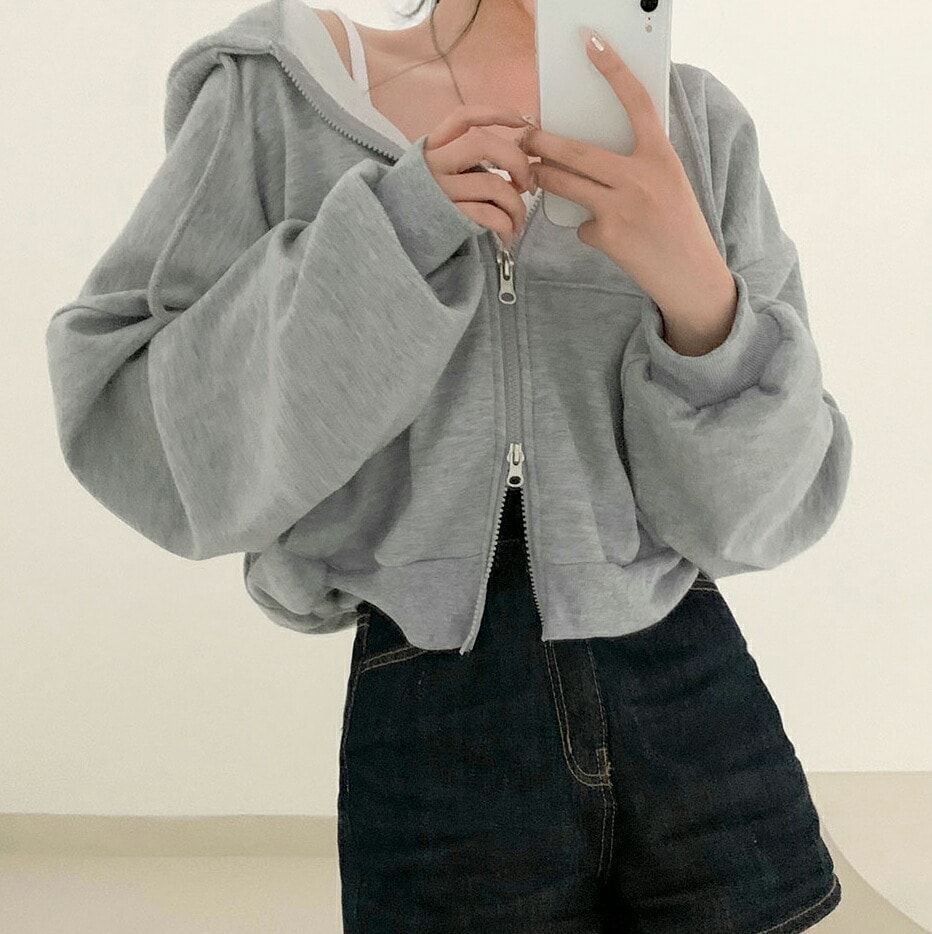 クロップド丈ジップアップパーカーp416578 レディース 【jk】パーカー アウター 長袖 単色 無地 シンプル フード ジップ 裏起毛 ビッグ 大きめ スポーツ カジュアル ボリュームショート