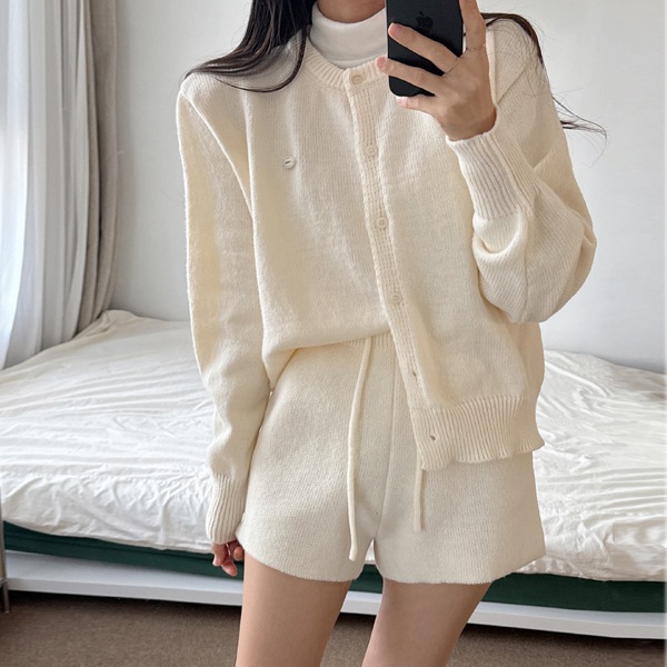 韓国ファッション ラウンド カーディガン ショート パンツ ニット ツーピース セット