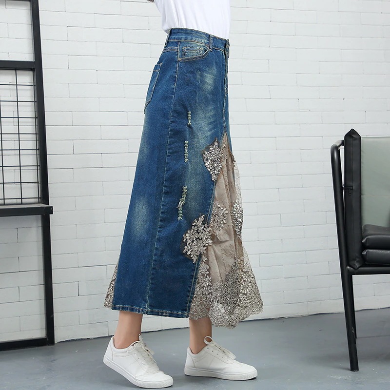 ファッショナブルな春夏レースオーバーニーデニムスカートスパンコールビーズAラインミディスカート