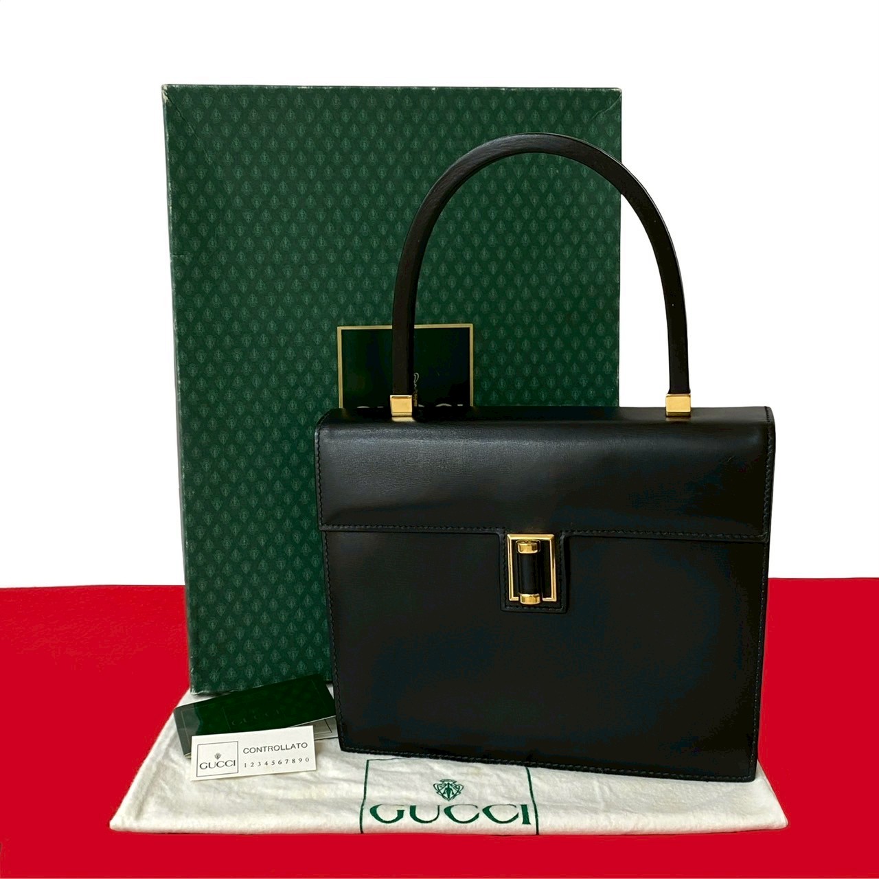 ヴィンテージ ターンロックハンドバッグ レザー ブラック 23279