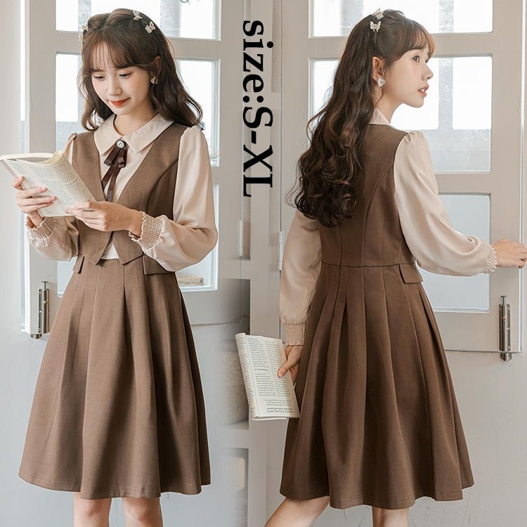 レディース ワンピース お洒落 学院風 膝丈ワンピース オシャレ シャツワンピース 偽ベスト ワンピース 着痩せ 長袖 20代 30代 10代 きれいめ 学生 キャンパス 人気 パーティー 成人式 演