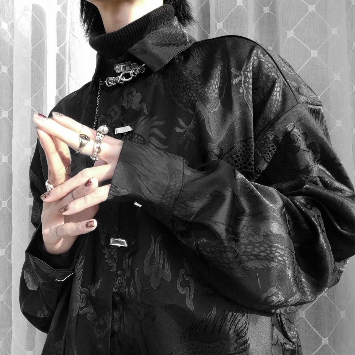 チャイナスタイル古い メンズ ゆったり 個性 シャツ ブラック ファッション チャイナ風 長袖 ブラウス