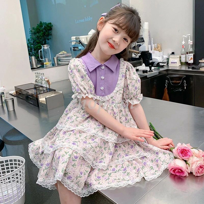 【値下げ！】子供ワンピース 女の子 半袖 フォーマル パーティードレス 子供 ガールズ 子供衣装 子ども パープル お花柄 お姫様 夏服 入学式 可愛い おしゃれ レース付き キッズドレス ピアノ演