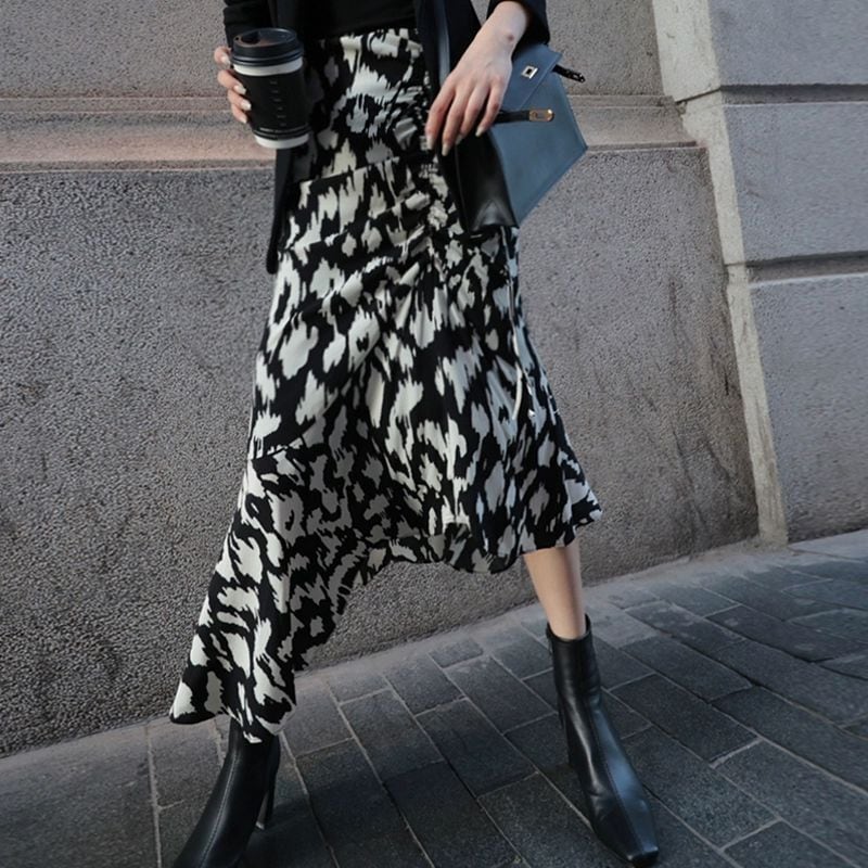 アシンメトリーミモレ丈スカート レディース Aライン ハイウエスト きれいめ おしゃれ 秋 冬 通勤 お出かけ ショッピング カフェ S M L XL モノトーン