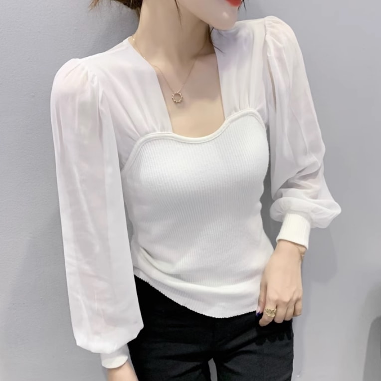 レディース トップス ニット プルオーバー 長袖 パフスリーブ 襟なし 切り替え 切り替えデザイン かわいい 大人可愛い きれいめ シンプル カジュアル 上品 おしゃれ かっこいい エキゾチック