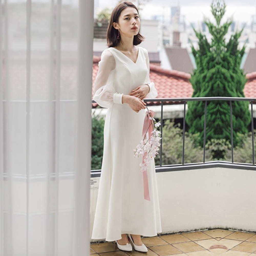 結婚式の新しいVネック長袖宴会気質ドレスのウェディングドレス