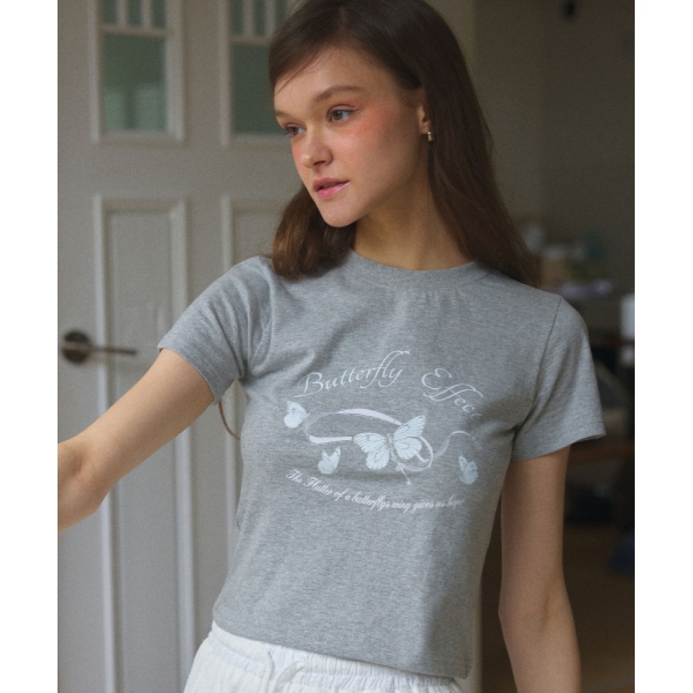 レター・フロム・ムーンバタフライリボンクロップTシャツ (メランジグレー)