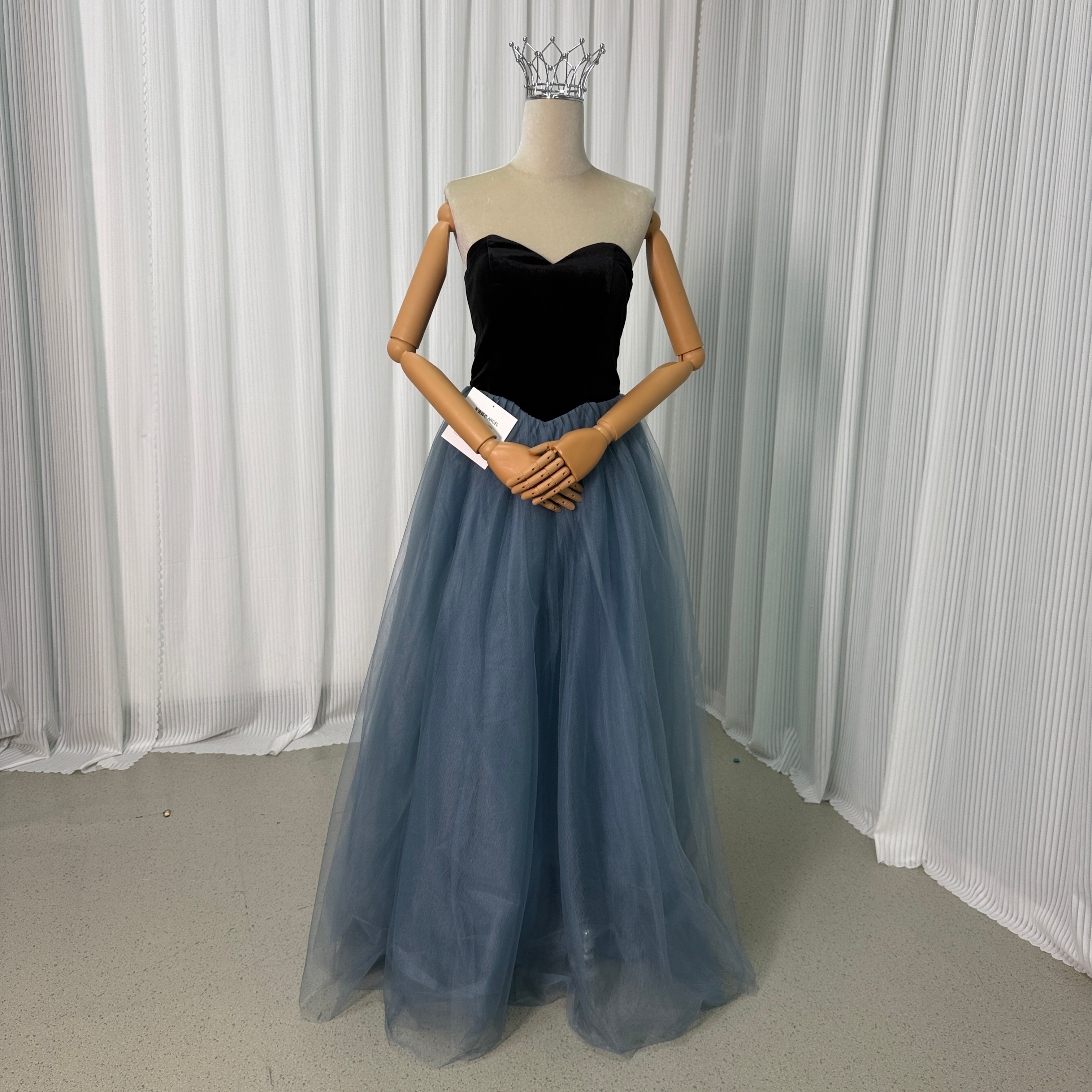 カラードレス ブルーグレー ベアトップ エレガント ソフトチュール ビスチェタイプ ロング