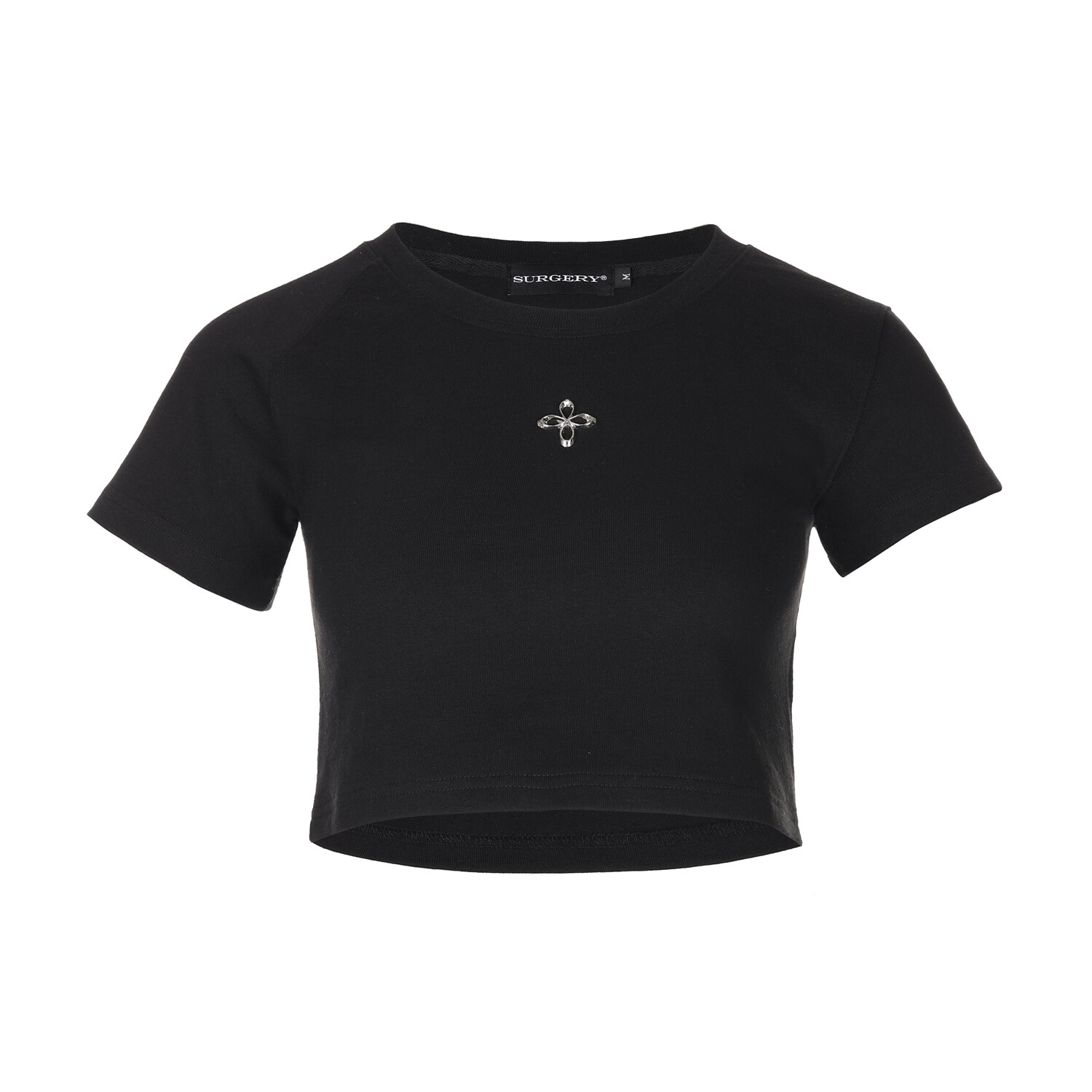 【SURGERY】 SURGERY UNBALANCE METAL CLOVER LOGO CROP T-SHIRTS : BLACK