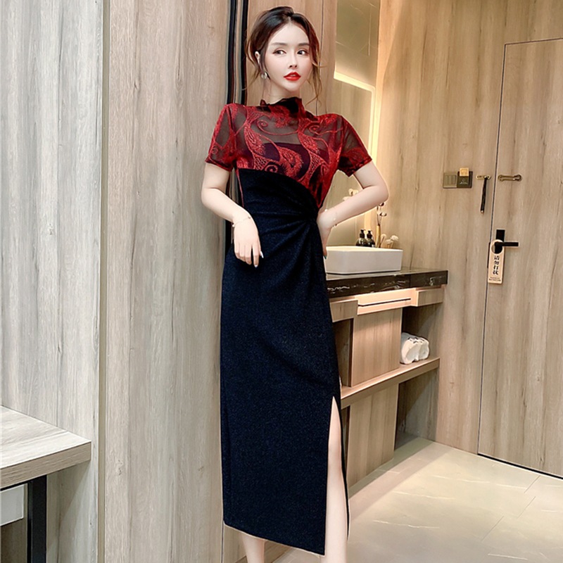 ワンピース レディース ワンピドレス タイトワンピ マキシ丈 ミディアム丈 袖あり 半袖 襟付き