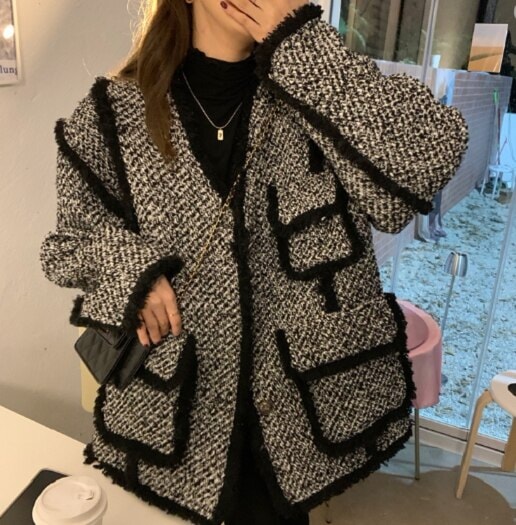 【取寄：納期2週間】ツイードジャケット レディース 冬 ジャケット アウター ボタン エレガント 上品 秋 大きいサイズ ノーカラージャケット 暖かい ツイード ノーカラージャケット
