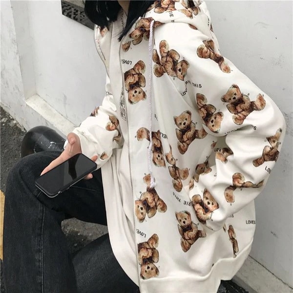 【即納あり】ジップアップブルゾン パーカー BEAR柄 裏起毛 フード付き 白 アウター ダンス 衣