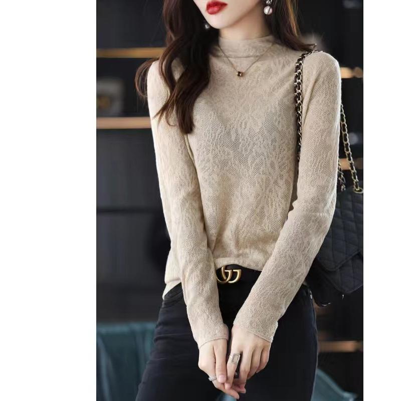 ニット ニットトップス 総レース 透け感 スタンドカラー カラバリ 綺麗 ニットソー 長袖 レディース トップス