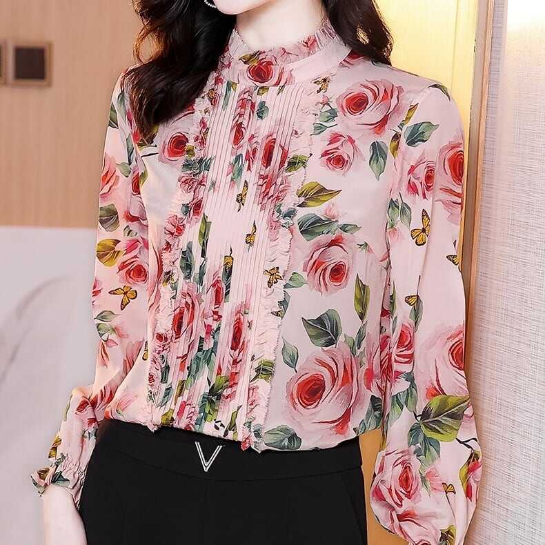 トップス シャツ ブラウス 袖あり 長袖 ボリューム袖 ハイネック 花柄 レース フリル かわいい 大人可愛い ピンタック きれいめ カジュアル 大人 おしゃれ お洒落 レトロ エスニック wto05