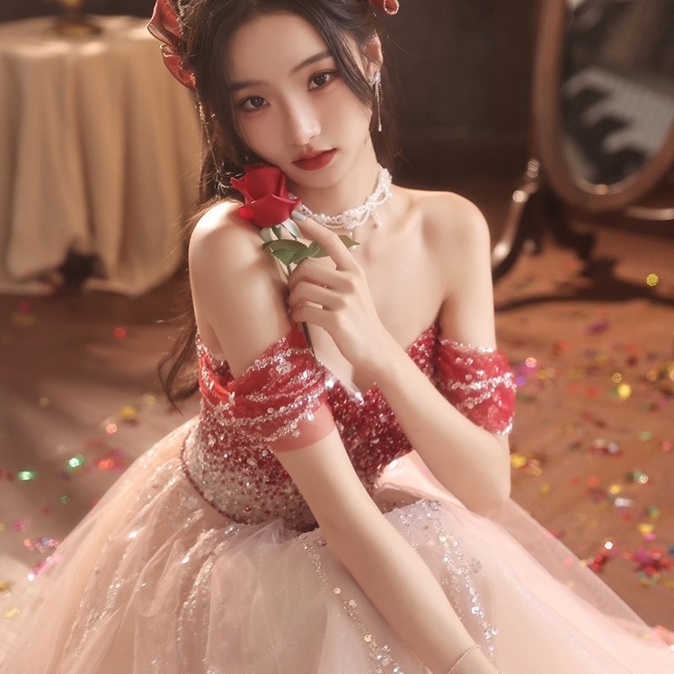 ウェアブライダルワンショルダードレス気質婚約ドレス宴会ホスト大人イブニングドレス