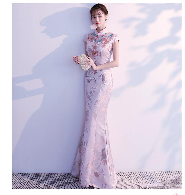 チャイナドレス マーメイドドレス 刺繍 立ち襟 ロング丈ドレス ウエディングドレス パーティードレス