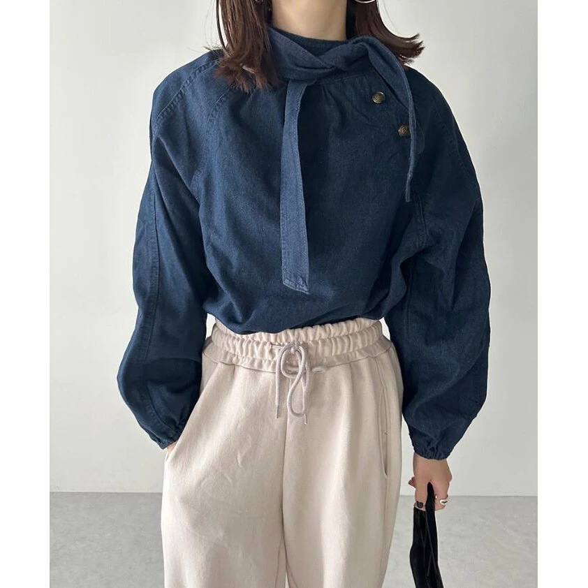 春 夏 高級感 デニム シャツ トップス 蝶結び ブラウス レディース 着痩せ 気質 リボン レース