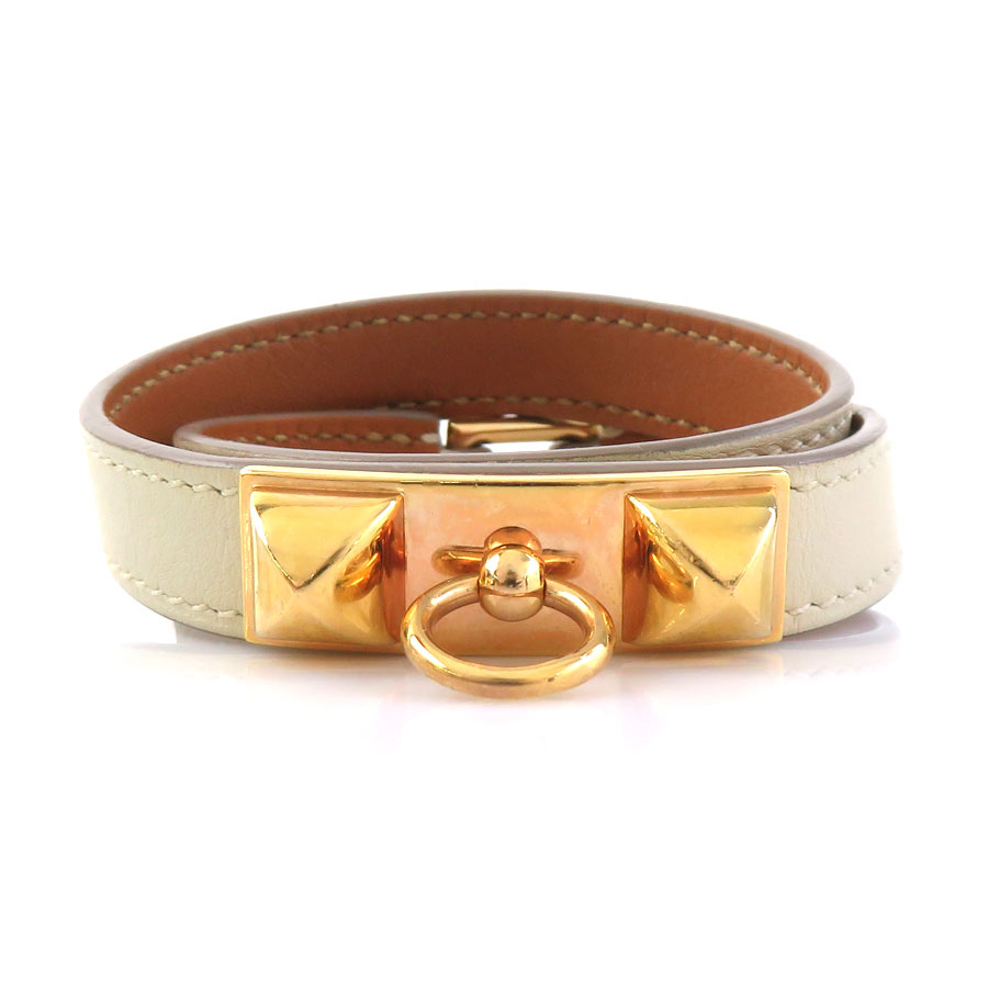 エルメス HERMES ブレスレット リヴァル ドゥブルトゥール レザー/メタル アイボリー/ゴールド レディース e61793g