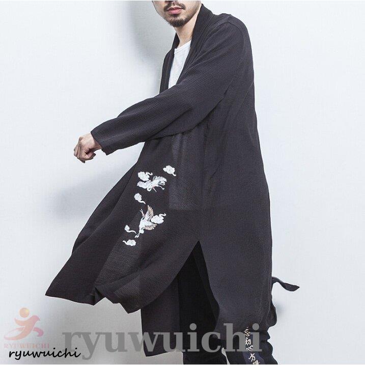 甚平 漢服 和装 メンズ ロング袖 長袖 薄手 刺繍 鶴 中華 カーディガン 着物 コート 衣装 浴衣 和服 カジュアル 夏