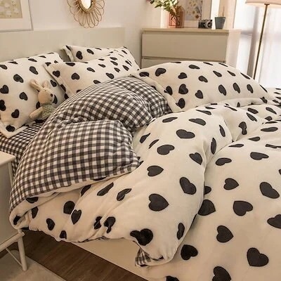 韓国のファッションチェック柄ラブベッドカバー4点セット ベッドシーツ 布団カバー ベッドの裏地