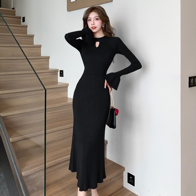 ワンピース ミモレ丈ワンピース ニットワンピース 長袖 ベルスリーブ マーメードスカート かわいい 大人可愛い きれいめ シンプル 上品 おしゃれ かっこいい カジュアル こなれ感 個性的 主役級