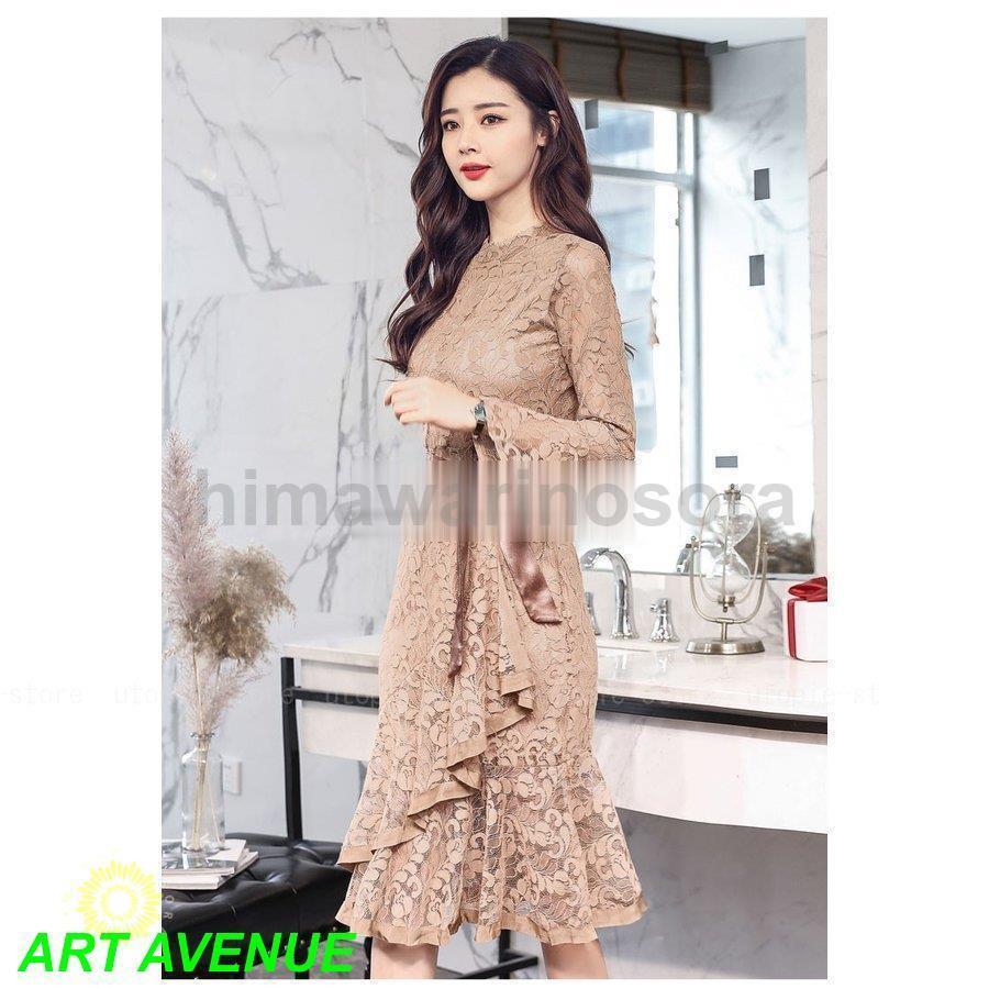 ワンピースドレス レディース 40代 秋服 きれいめ 膝丈ワンピース 長袖 レースワンピ フレア ロング丈 マーメイドスカート 結婚式ドレス パーティー オシャレ