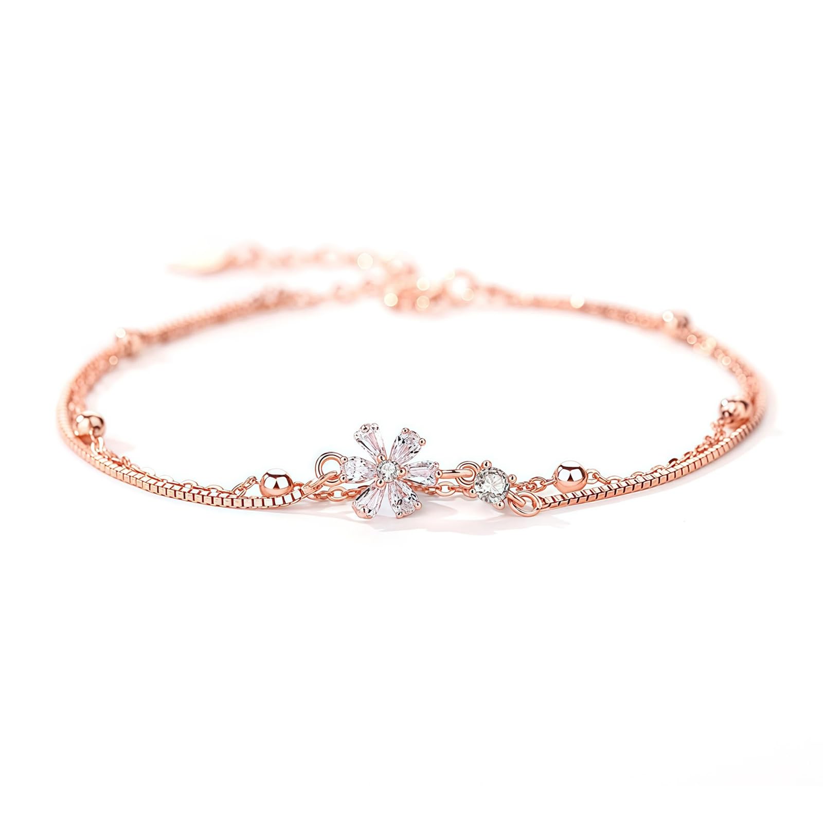 K.L.Y ブレスレット レディース 桜 シルバー 925 最高級ジルコニア 金属アレルギー対応 純銀製 2連 ブレスレット 人気 可愛い 誕生日 プレゼント女性 アクセサリー (ピンクゴールド)