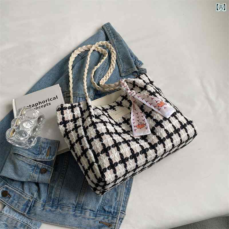 トートバッグ 大きめ レディース 秋冬 キャンバス 横長 内ポケット リボン 大容量 ソフト ショルダー おしゃれ カジュアル チェック 白 黒 茶 通勤 普段使い