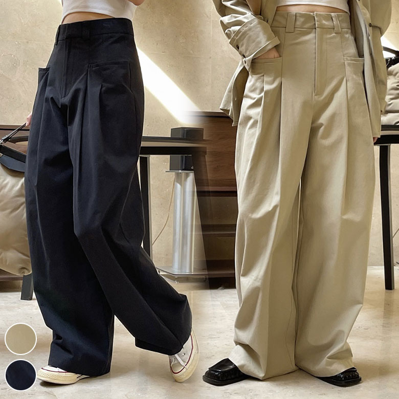 プリーツ ワイドパンツ 2タック サイドポケット ハイウエスト スーツパンツ タック入り