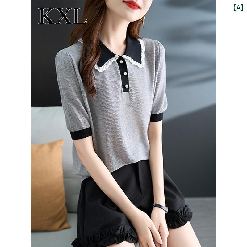 トップス レディース おしゃれ 上品 通勤 オフィス カジュアル グレー ポロ カラー 半袖 Tシャツ 夏 見栄え ユニーク 美しい シャツ