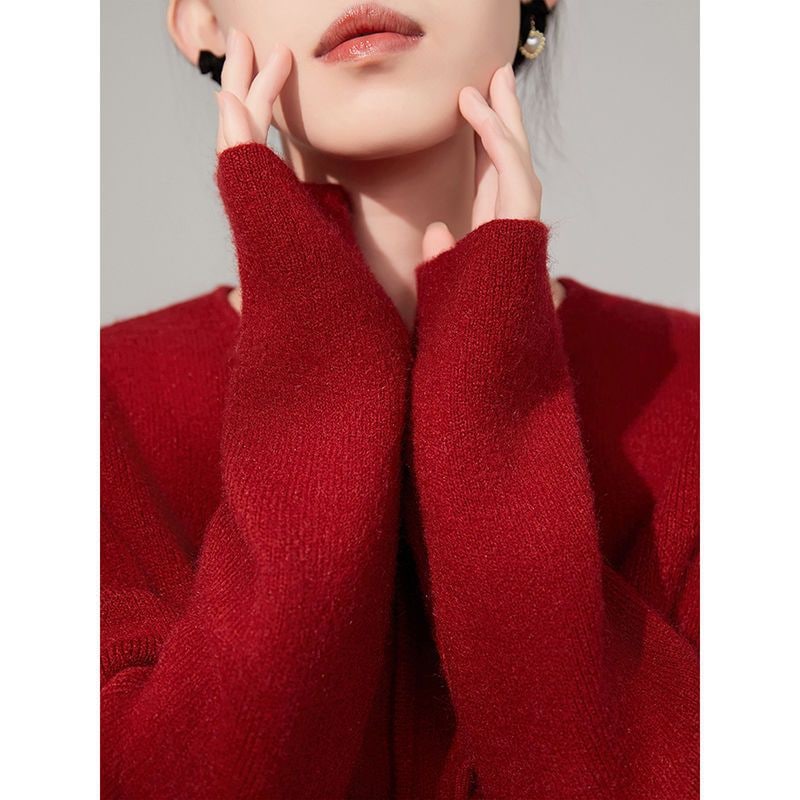 Hua Pu クリスマスと新年赤いスーツの女性の 2024 秋冬厚いセーターヒップスカート 2 点セット