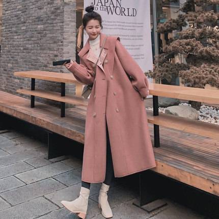 チェスターコート ロング丈 ダブルブレスト アウター レディース 長袖 秋 冬 無地 ピンク ネイビー 2色展開 襟付き ベルト付き 体型 カバー 休日 お出かけ 普段使い OL 通勤 着回し ファッ